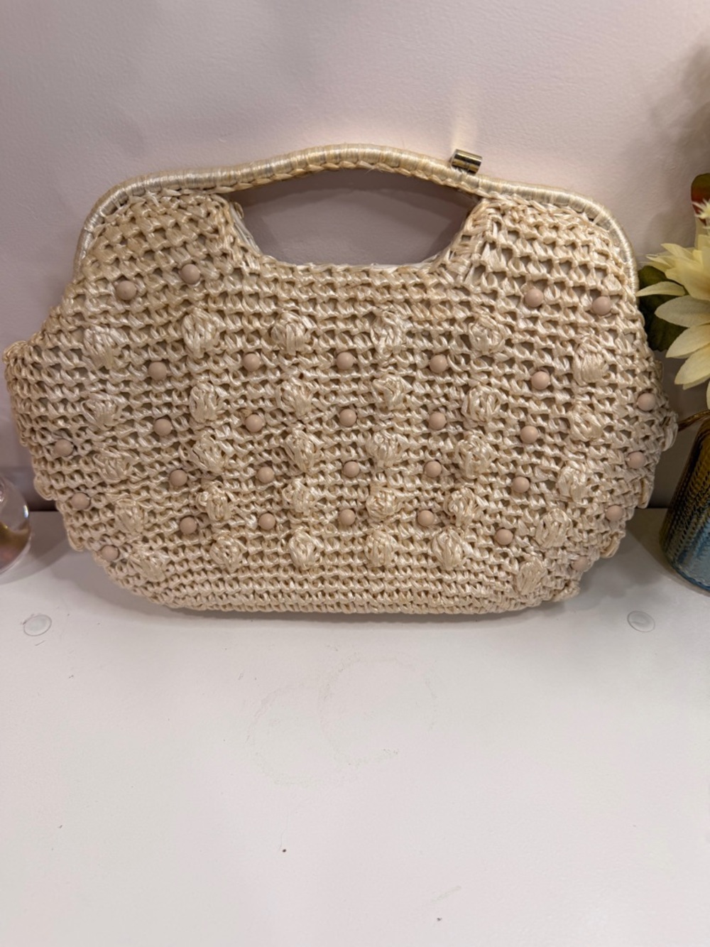 Vintage Cream Raffia Clutch with Bead Accents